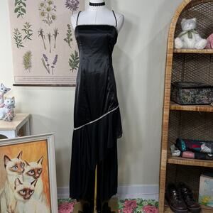 Vintage 90s Y2k Satin Rhinestone Lace Up Back Asymmetric Formal Dress Sexy M
